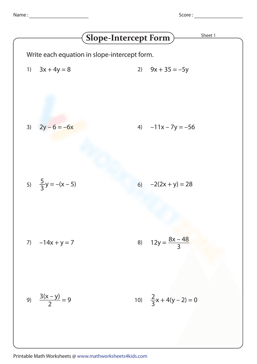 Slope Intercept Form 1 - Page 1