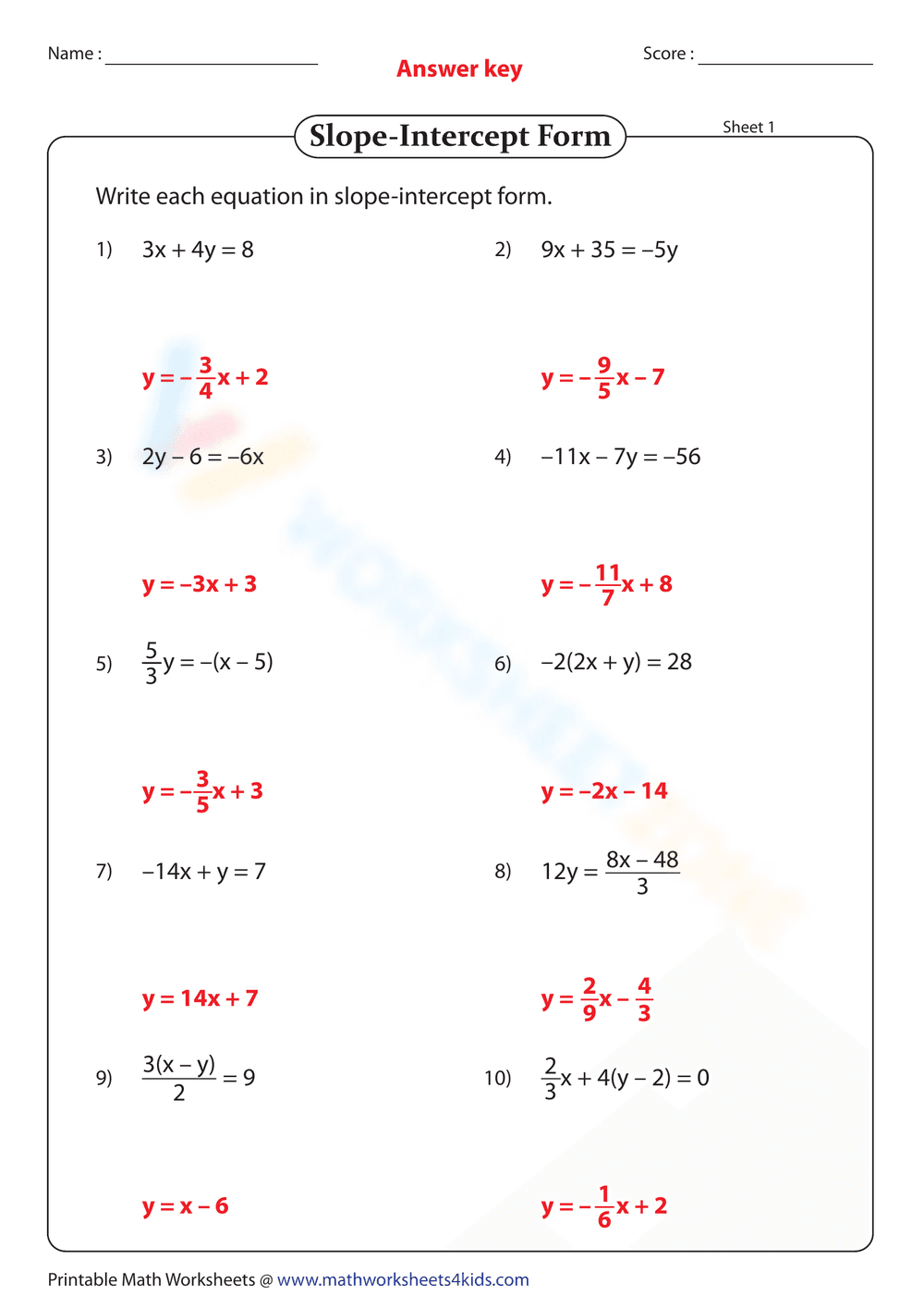 Slope Intercept Form 1 - Page 2