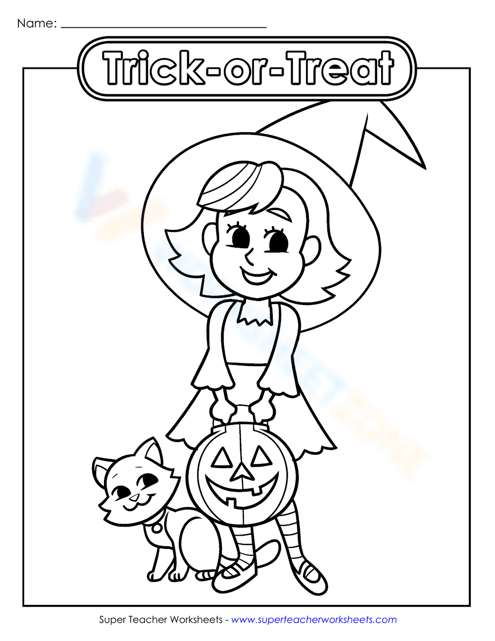 Little Witch Trick or Treat Halloween Worksheet - Page 1