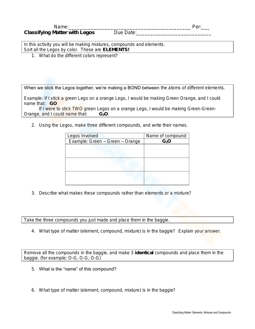Classifying Matter with Legos Worksheet - Page 1