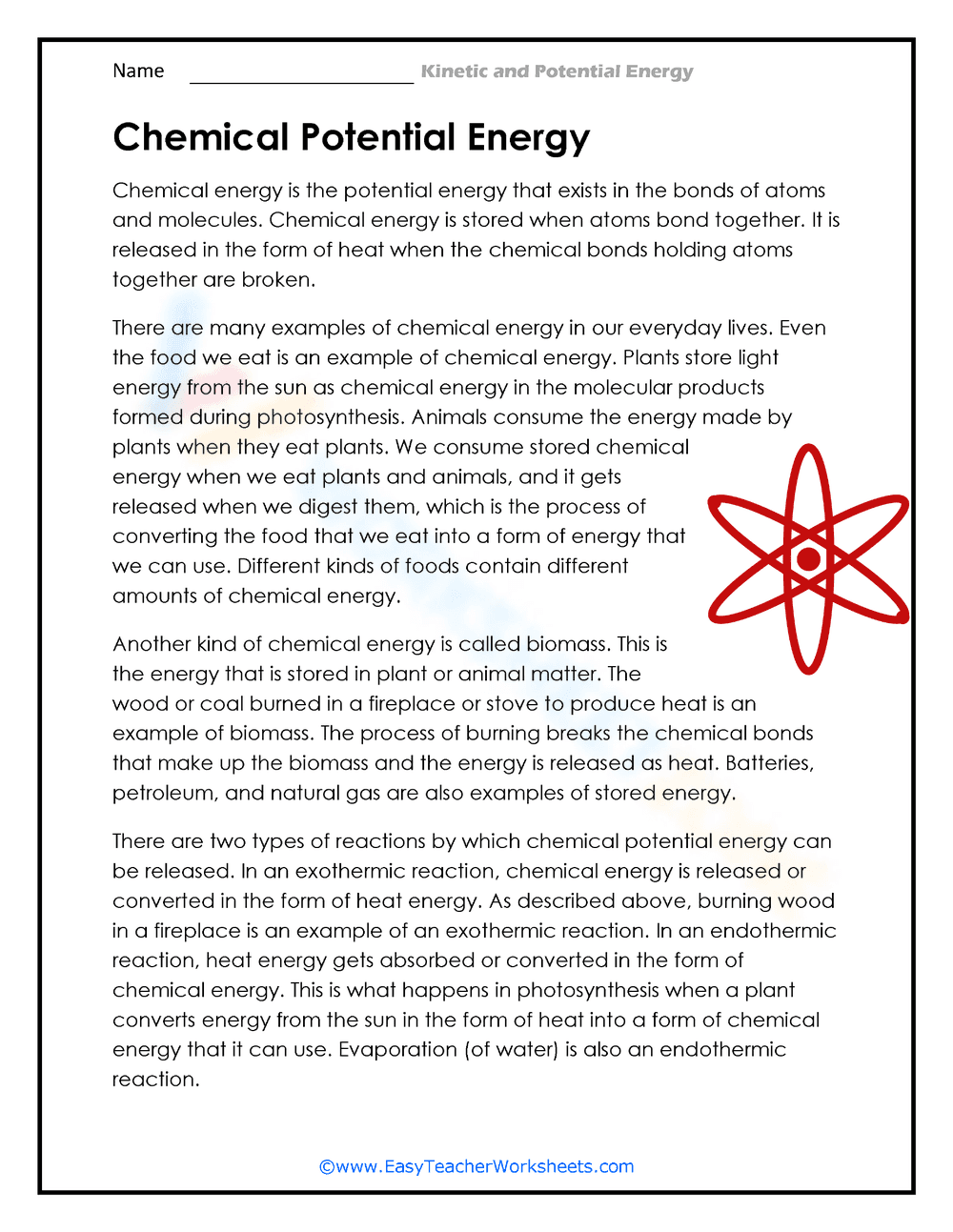 Chemical Potential Energy Reading Worksheet - Page 1