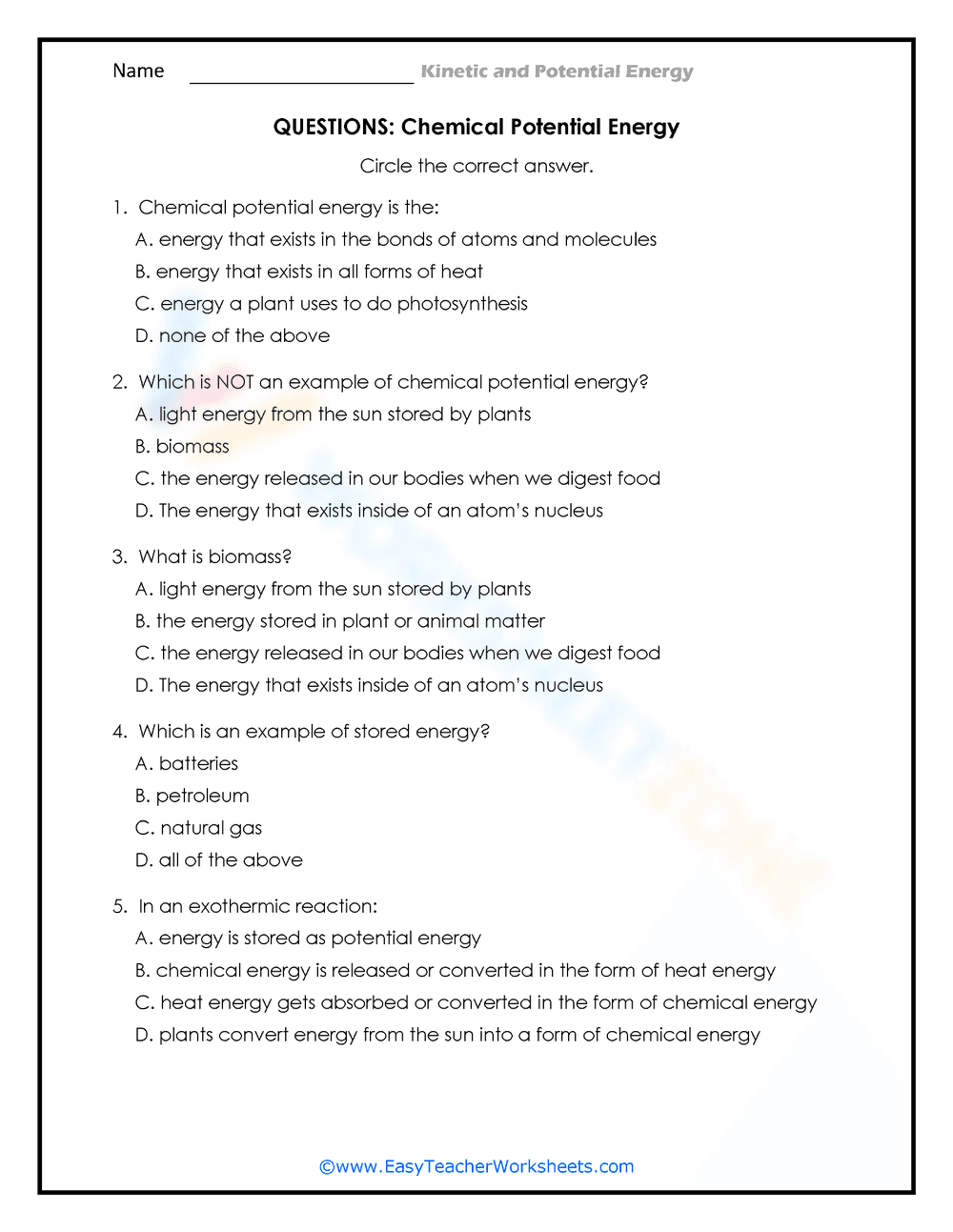 Chemical Potential Energy Reading Worksheet - Page 2