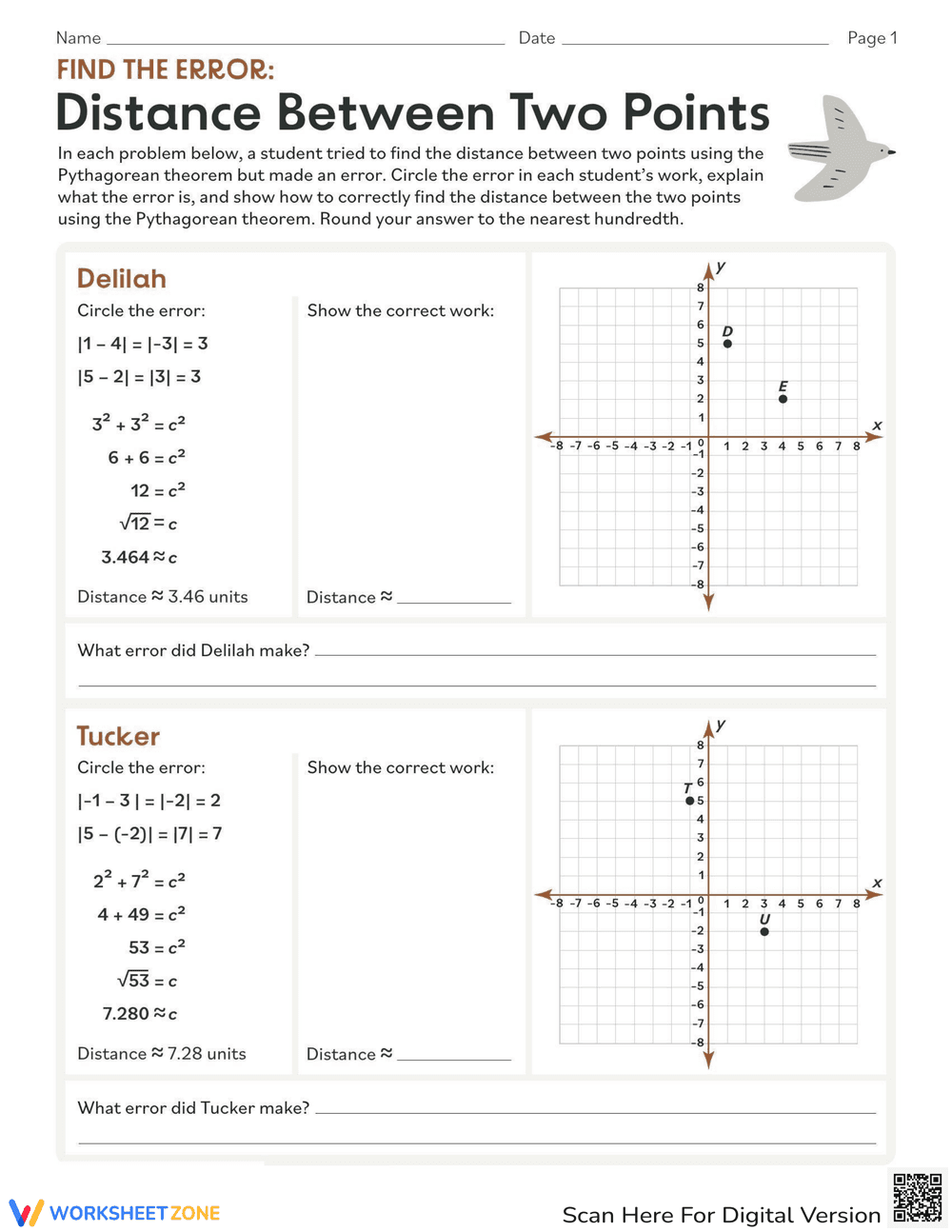 Find the Error: Distance Between Two Points Worksheet - Page 1