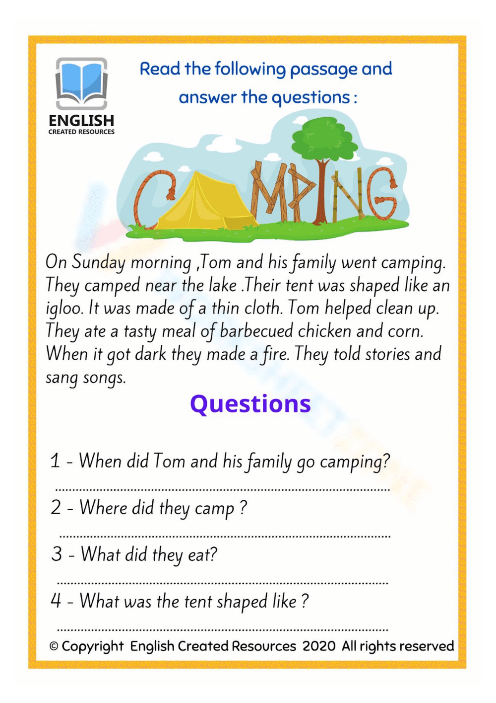 Reading Comprehension Worksheet About Camping - Page 1