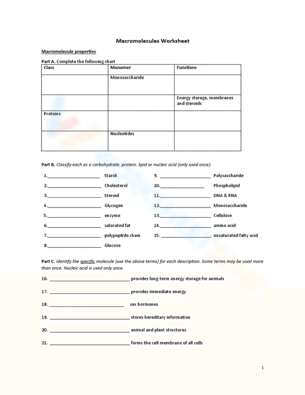 Macromolecules Practice Worksheet for Biology Students - Page 1