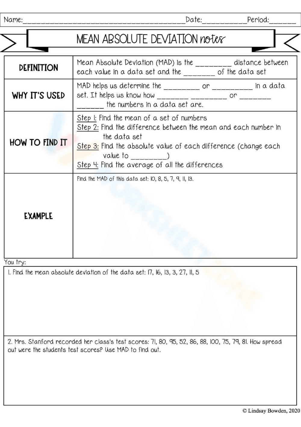 Mean Absolute Deviation Notes and Practice Worksheet - Page 1