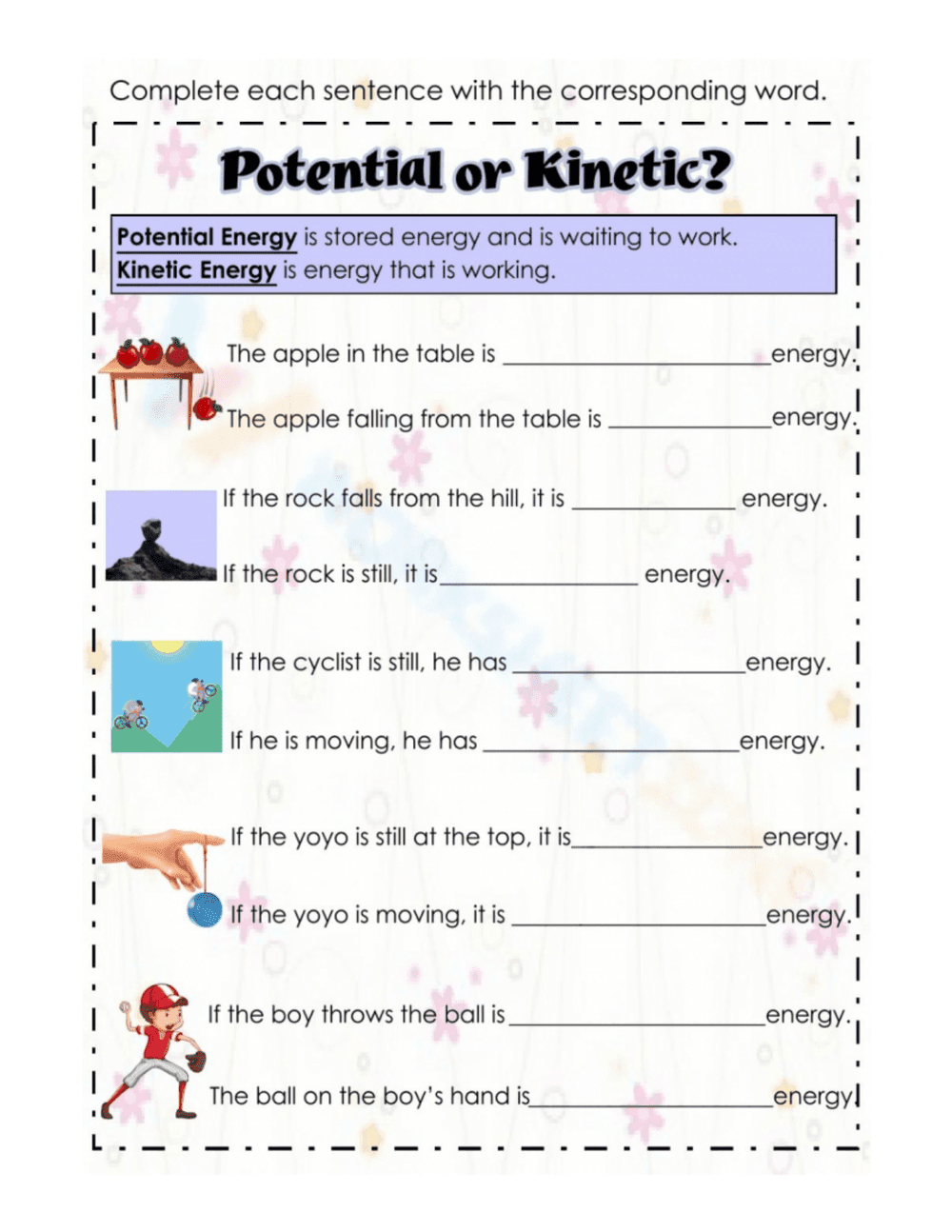 Potential or Kinetic Energy Worksheet for Students - Page 1