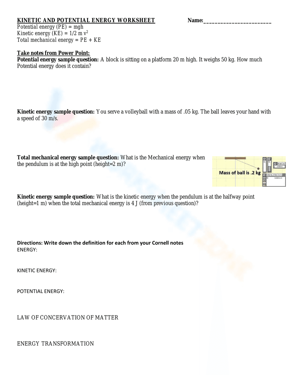 Calculations: Kinetic and Potential Energy Worksheet - Page 1