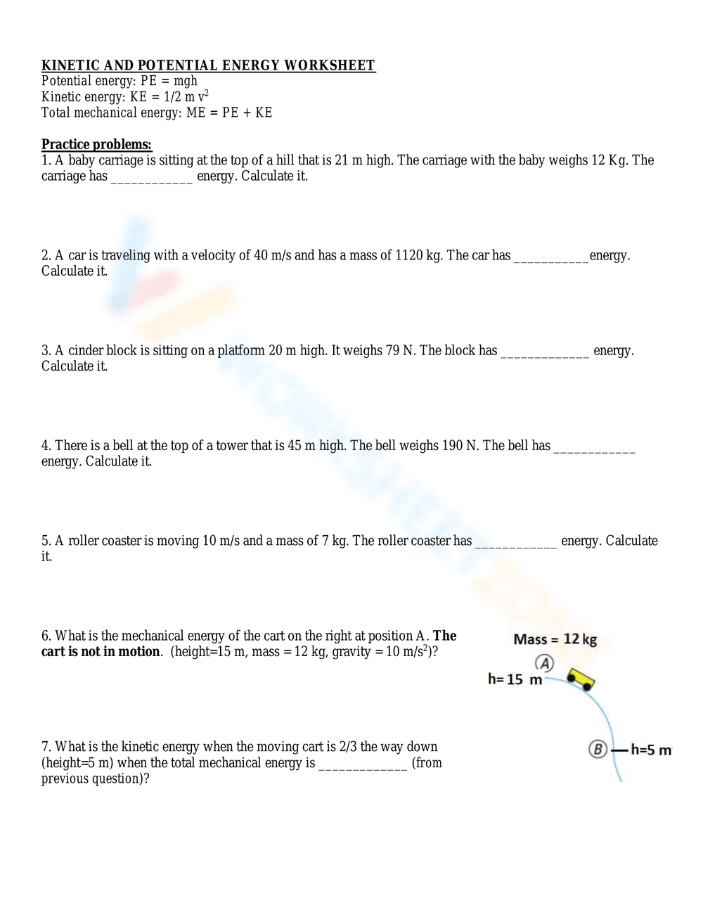 Calculations: Kinetic and Potential Energy Worksheet - Page 2