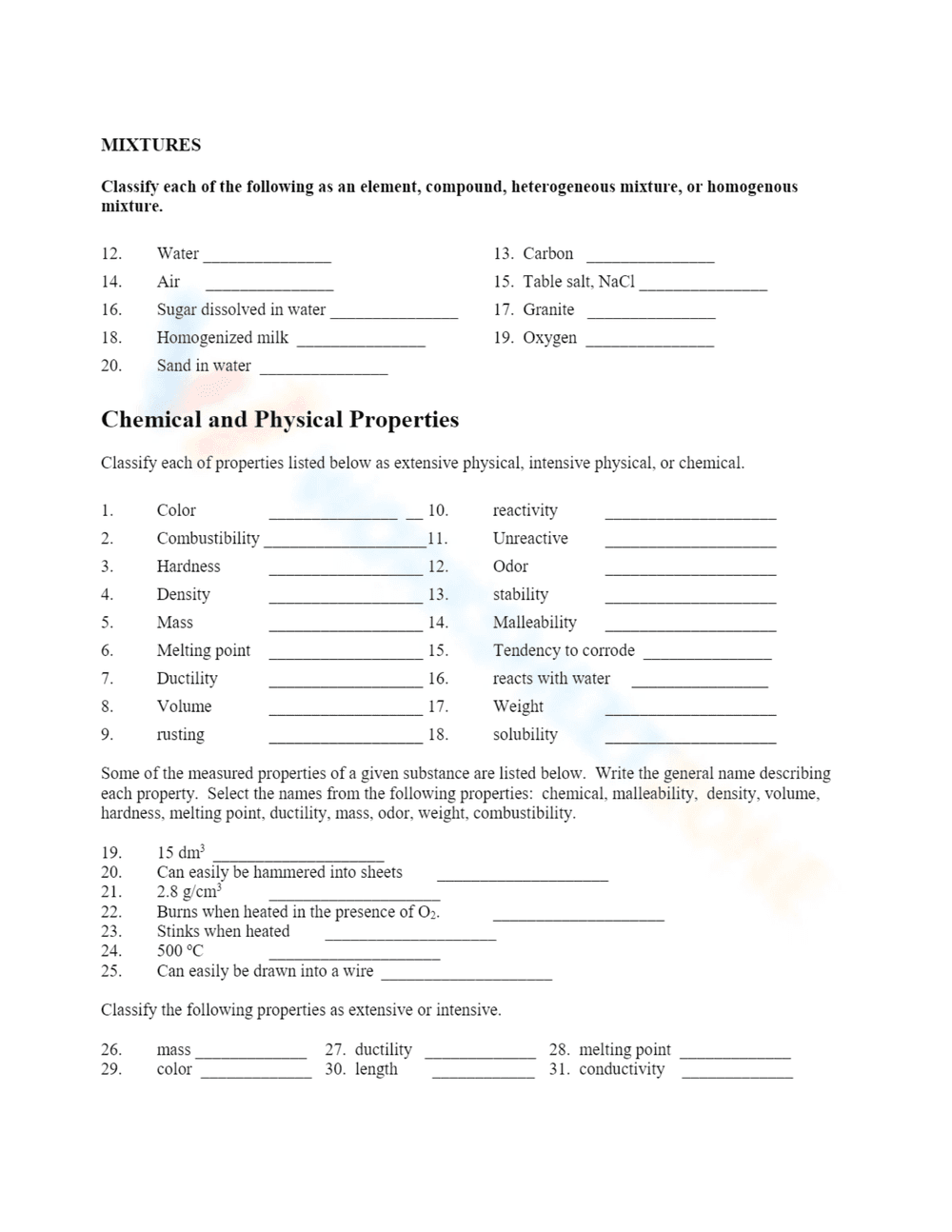Classification of Matter Worksheets: Chemistry Basics - Page 1