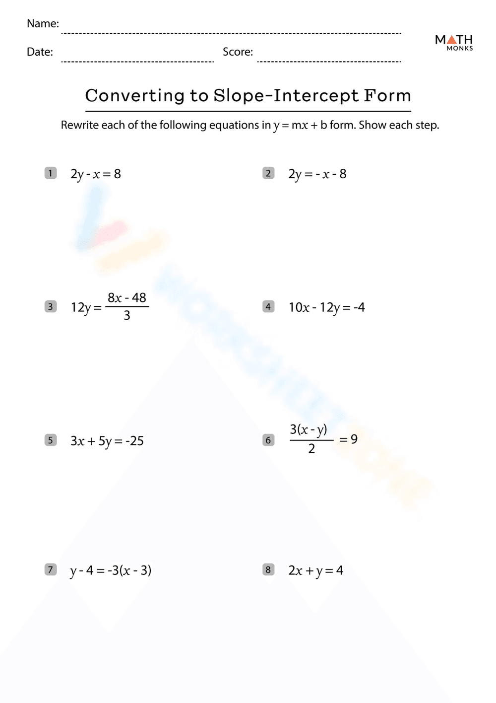 Converting To Slope Intercept Form Worksheet - Page 1