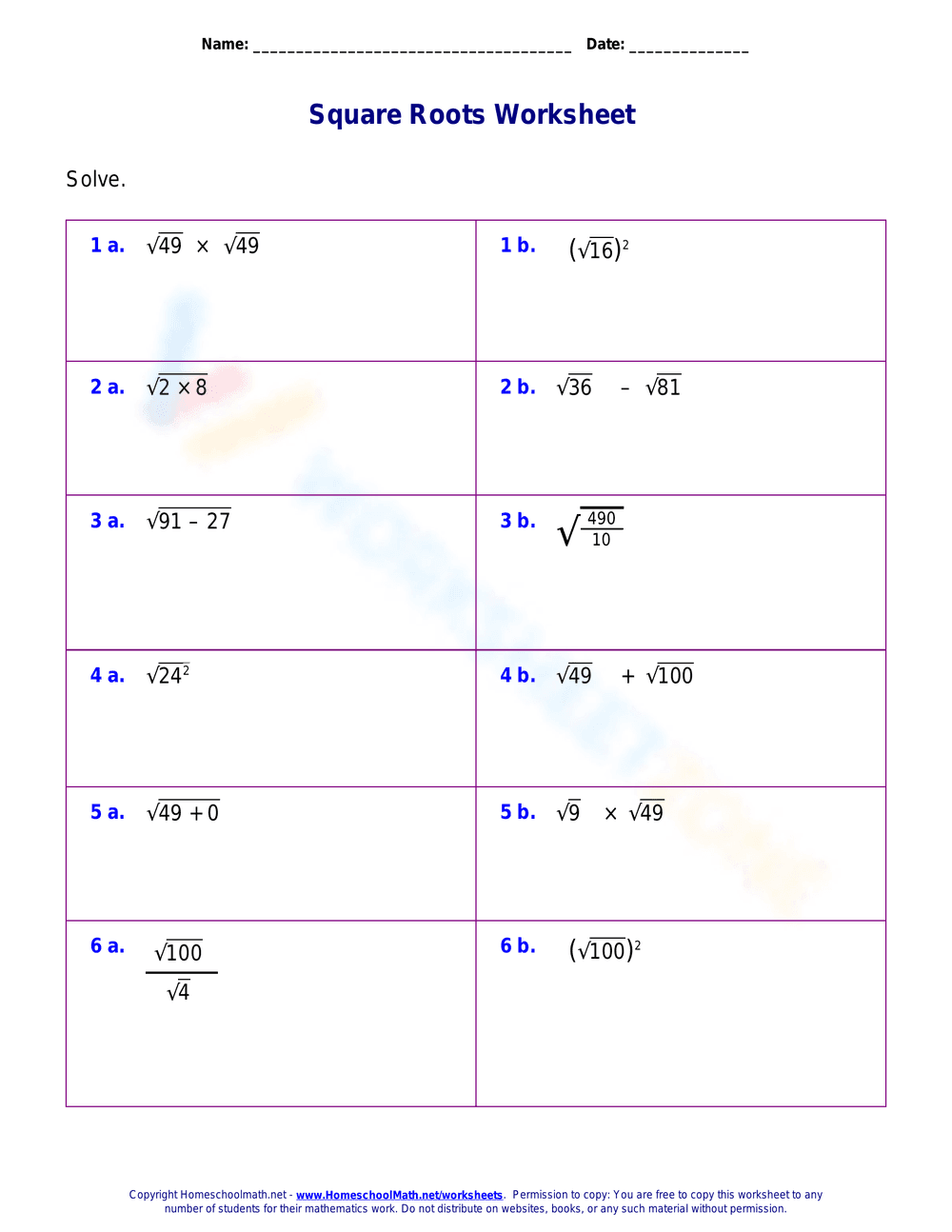Square Roots Other Operations Worksheet - Page 1