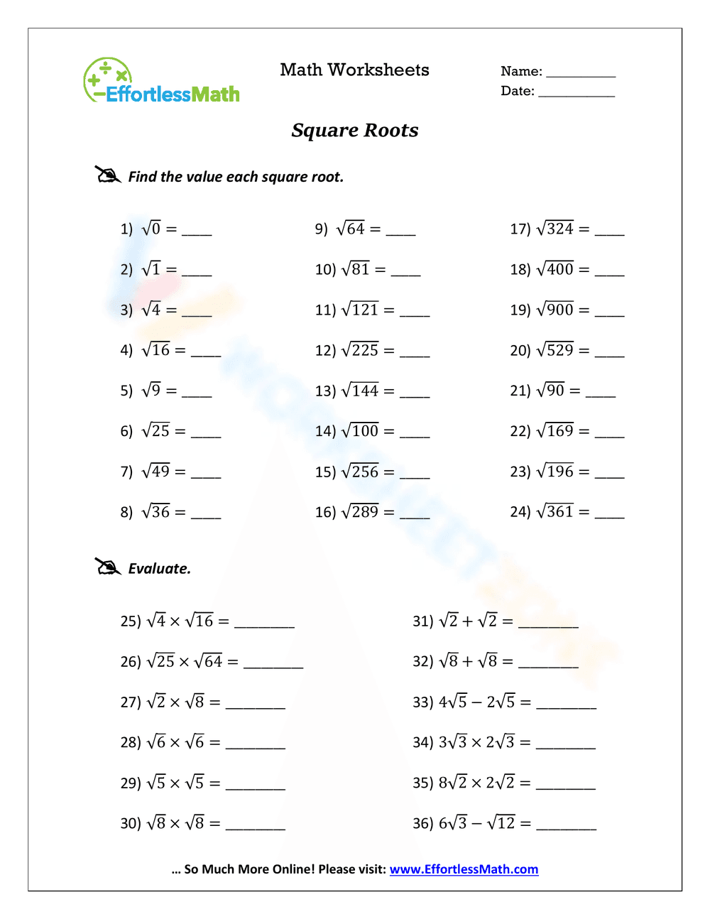 Square Roots Math Worksheet - Page 1