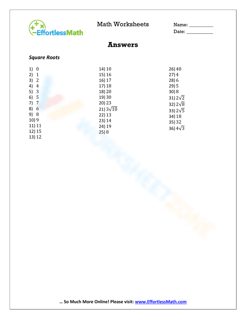 Square Roots Math Worksheet - Page 2