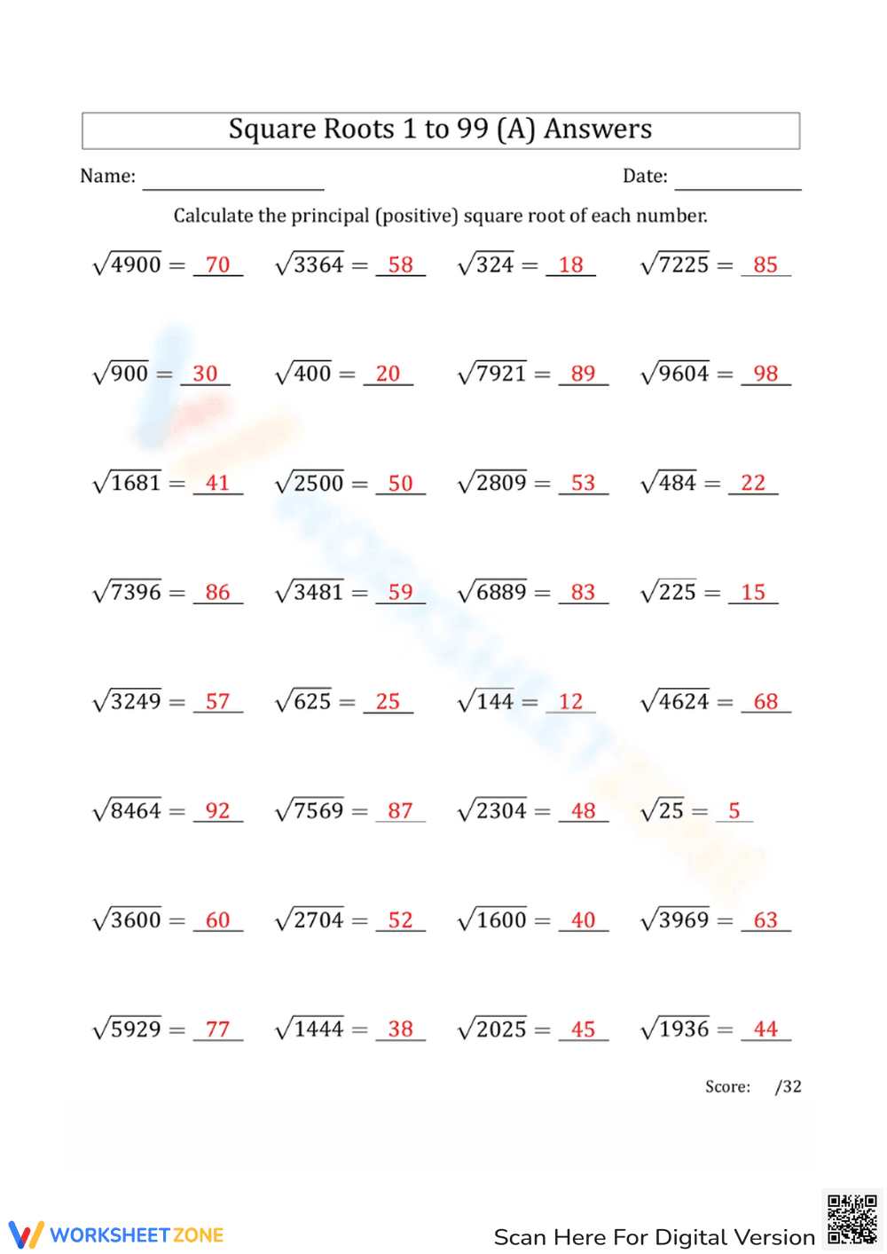 Square Roots 1 to 99 - Page 2