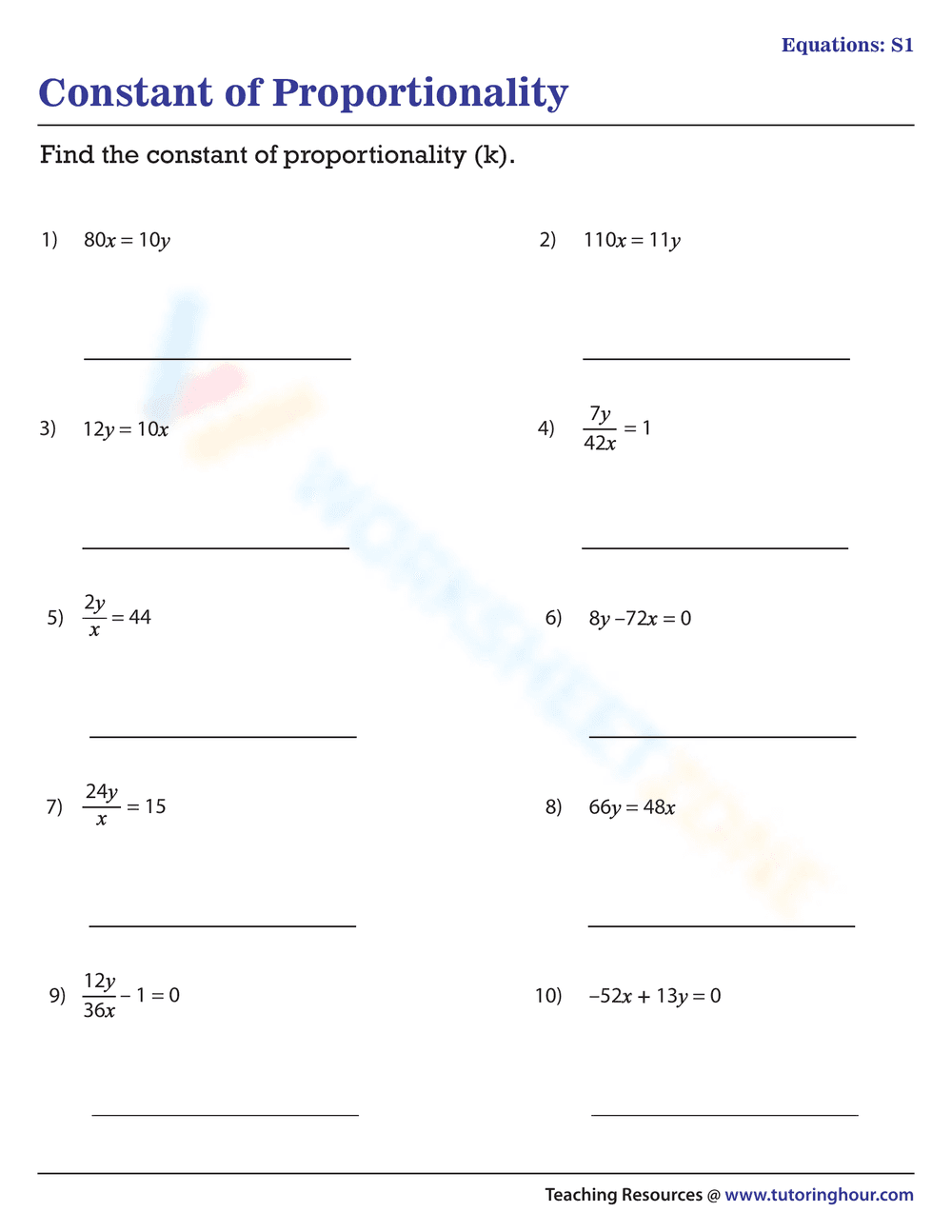 Constant of Proportionality Equations Worksheet - Page 1