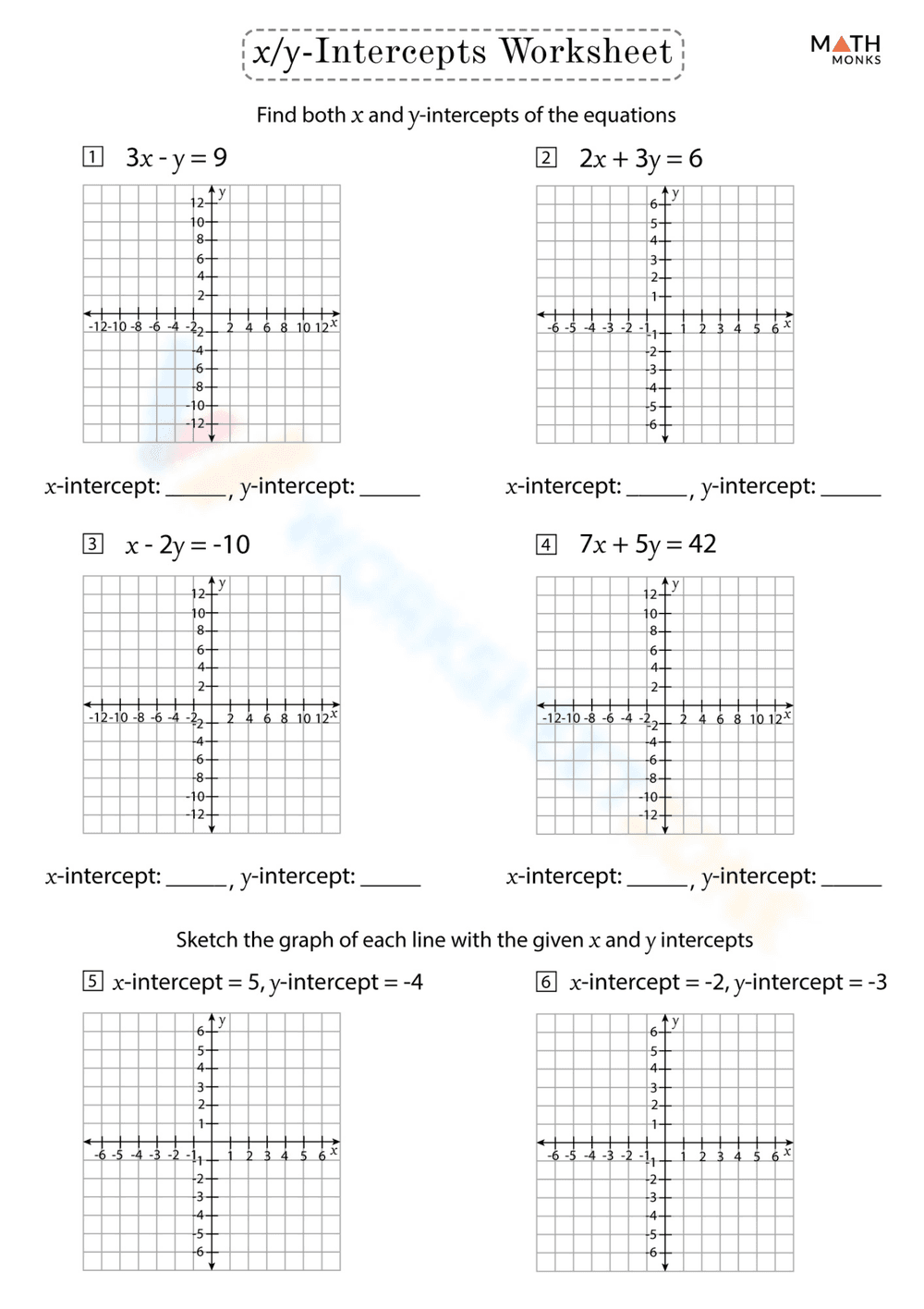 Find X and Y Intercepts of Linear Equations - Page 1