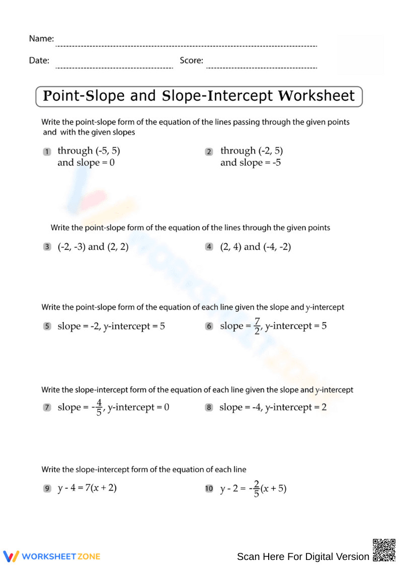 Point-Slope and Slope-Intercept Equation Worksheet - Page 1