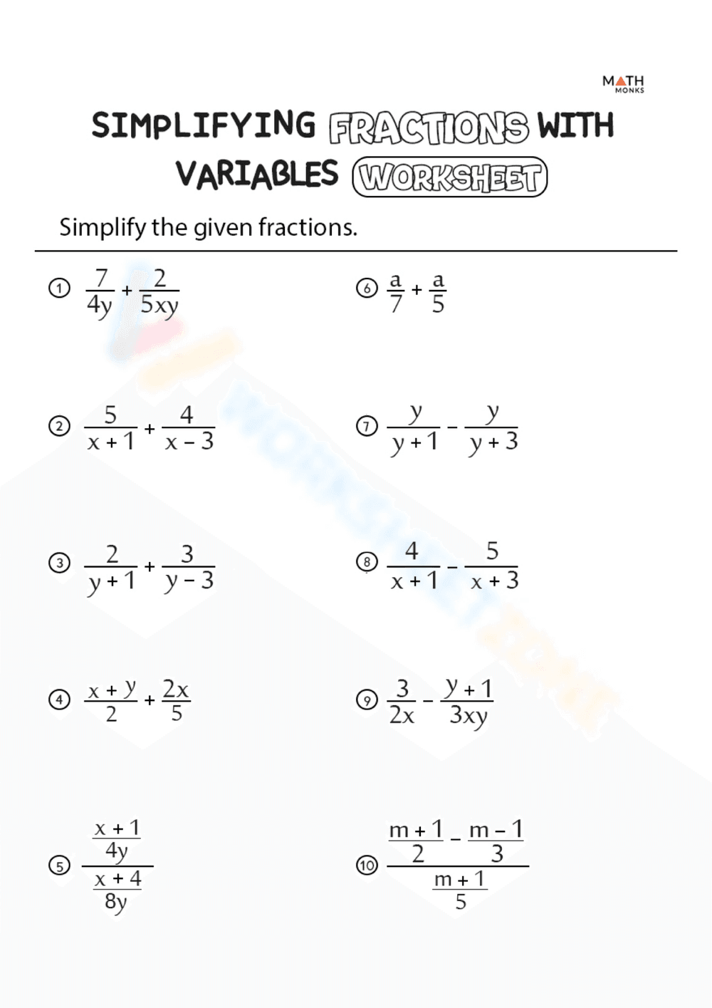 Simplifying Fractions with Variables Worksheet - Page 1