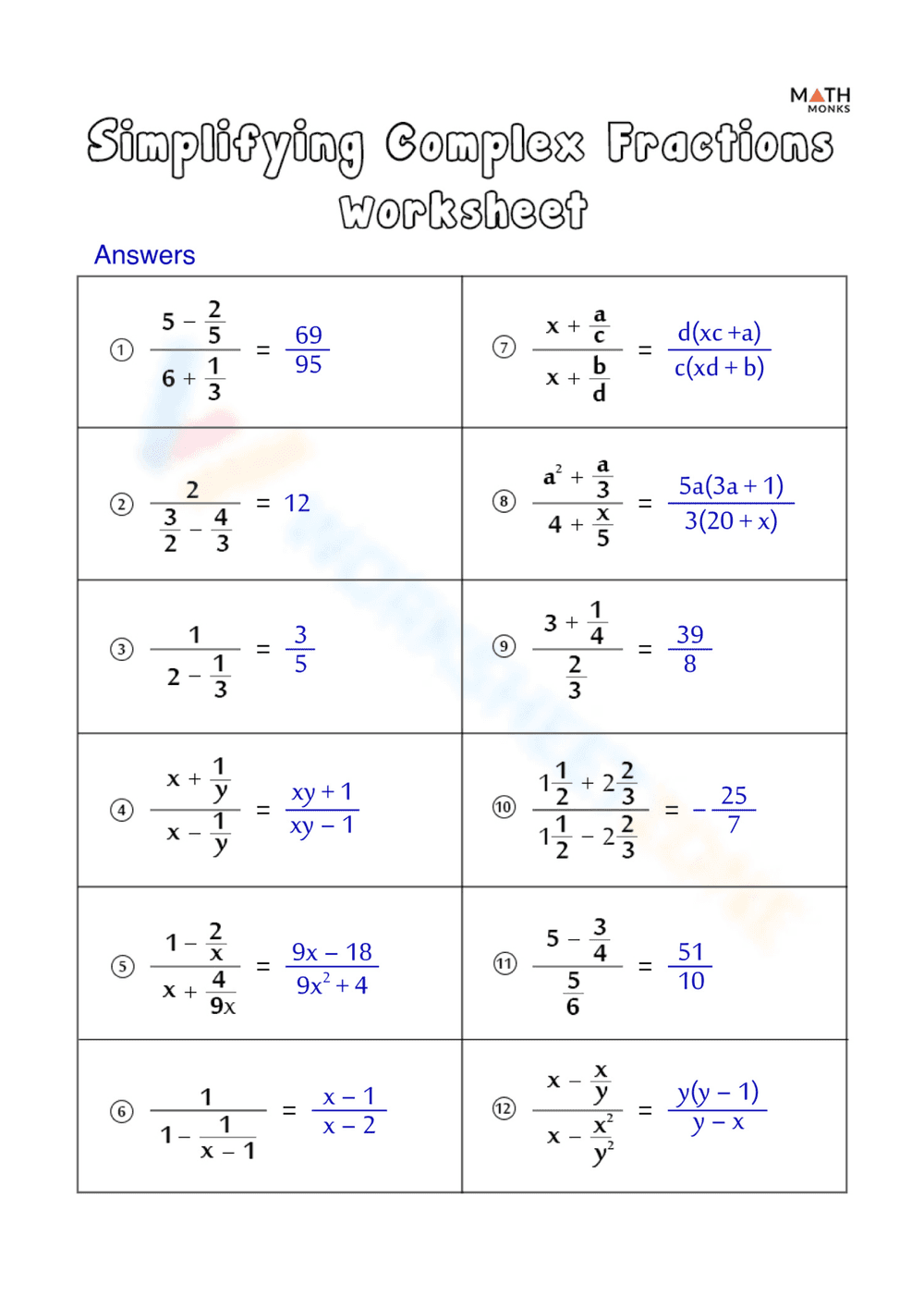 Complex Fractions Worksheet: Simplify and Practice - Page 2