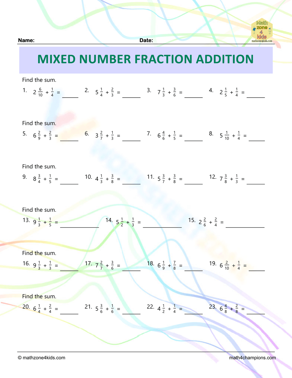 Mixed Number Fraction Addition Worksheet - Page 1
