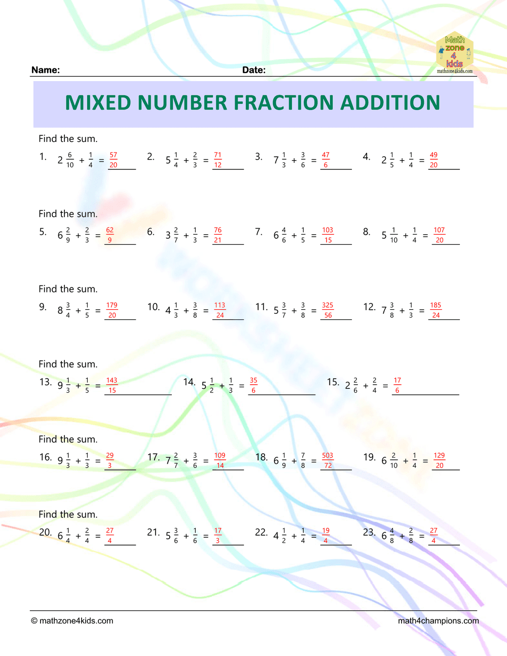 Mixed Number Fraction Addition Worksheet - Page 2