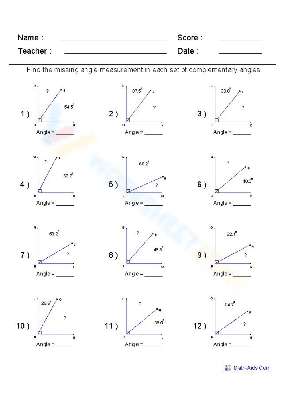 Complementary Angles Worksheet - Page 1