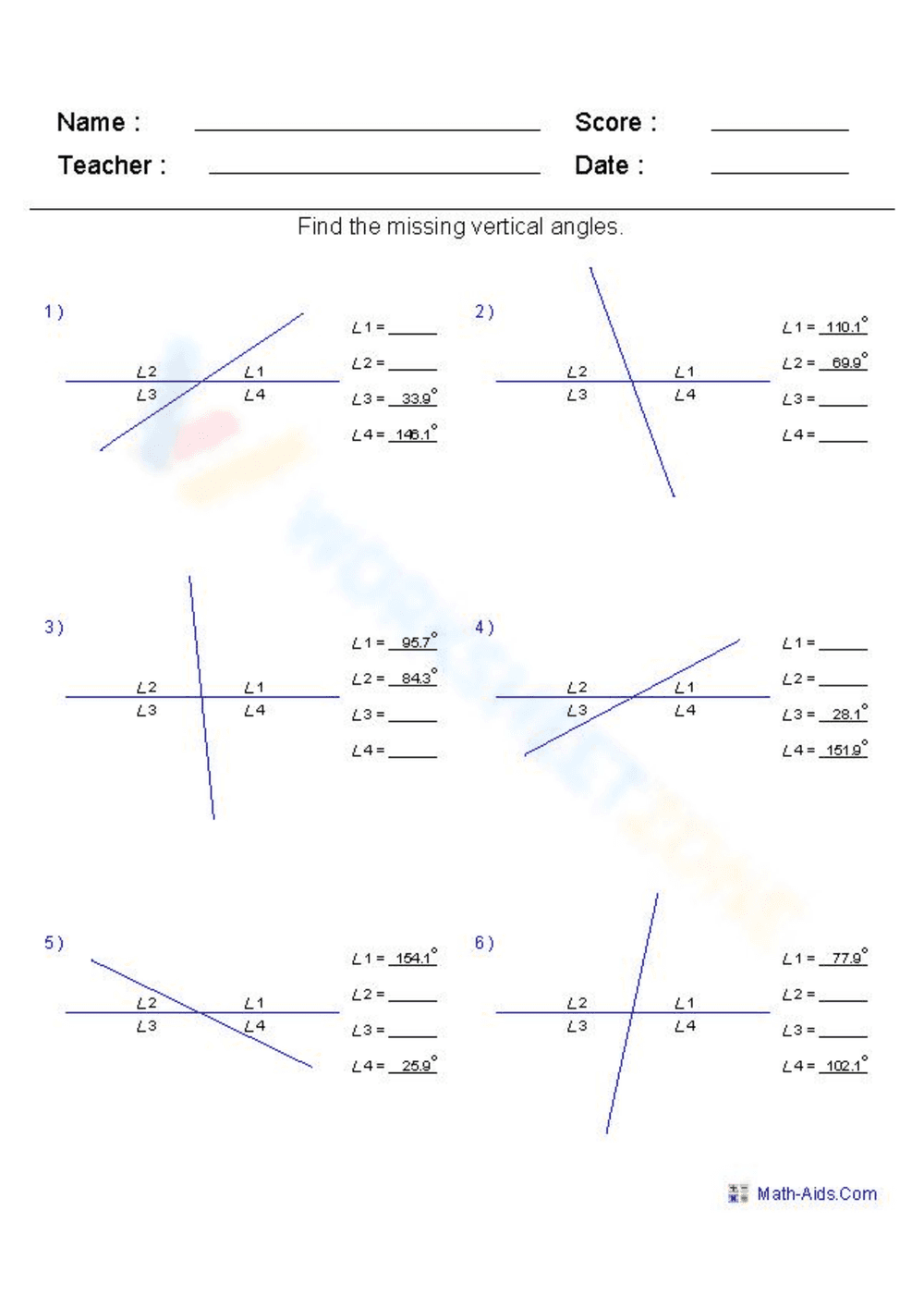 Find Vertical Angles Worksheet - Page 1