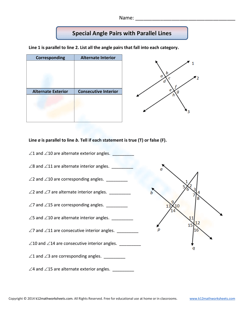 Angle Pairs with Parallel Lines - Page 1