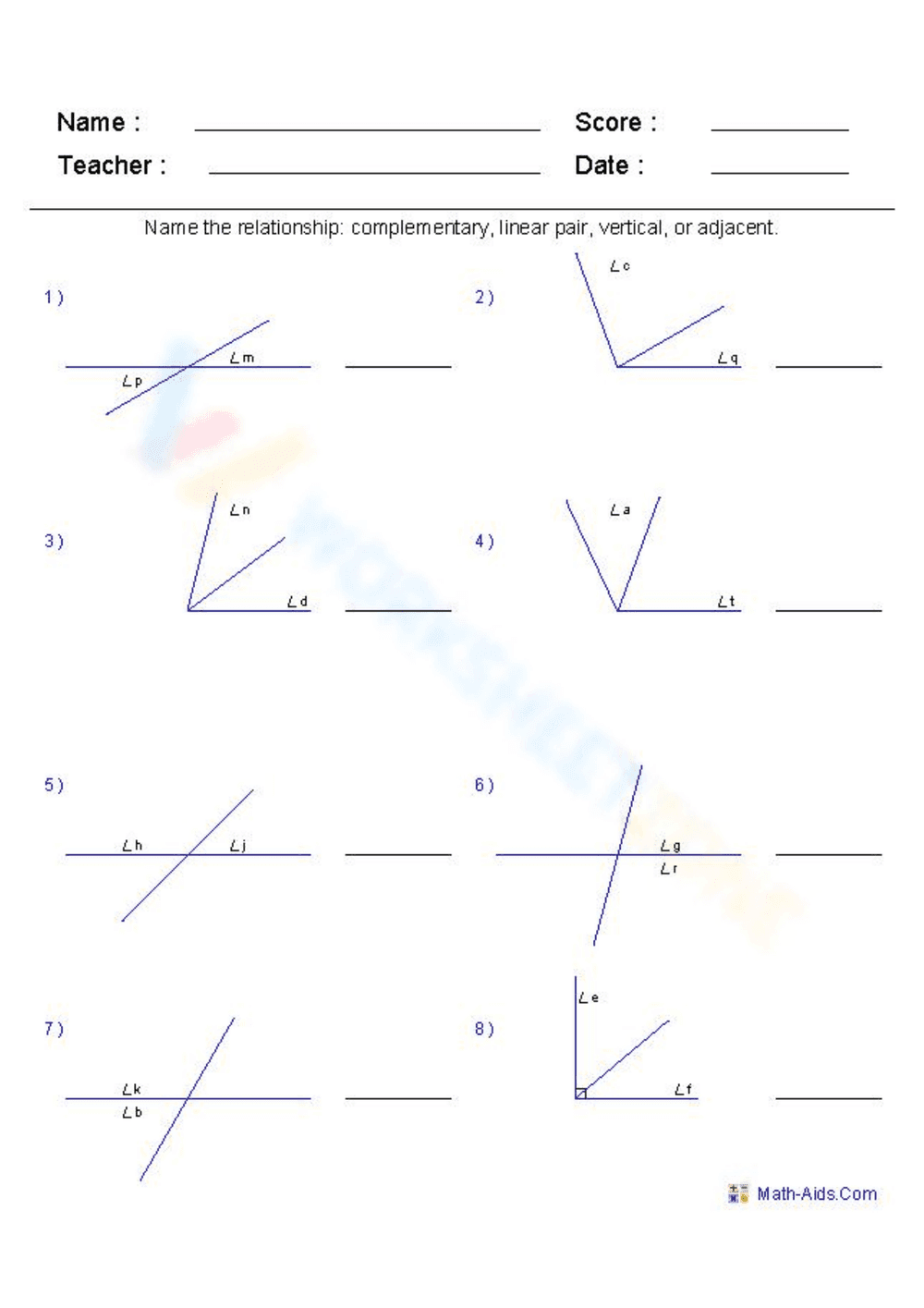 Angle Pairs Worksheet - Page 1