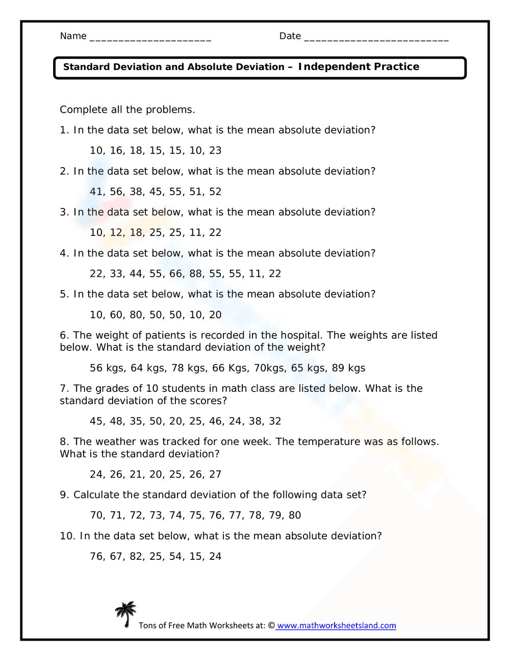Standard Deviation Practice Worksheet - Page 1