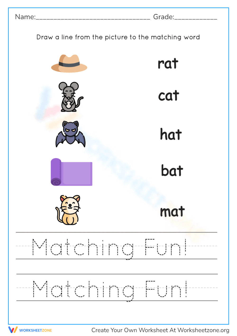 Picture-Word Matching: CVC Words - Early Literacy Worksheet - Page 1