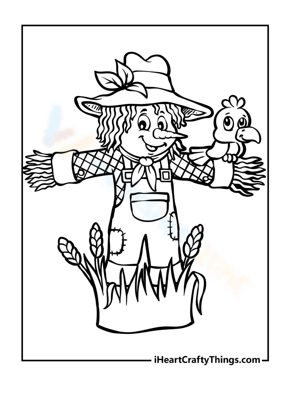 Friendly Scarecrow Halloween Coloring Page - Page 1
