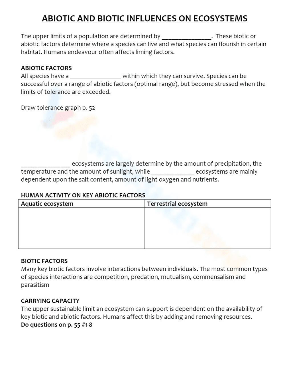 Abiotic and Biotic Influences on Ecosystems Worksheet - Page 1
