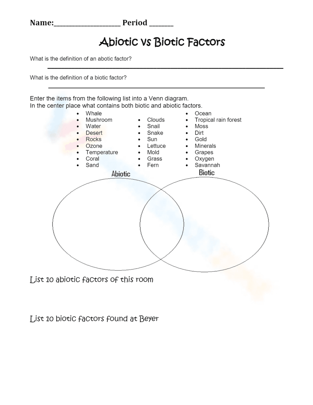 Abiotic and Biotic Factors Worksheet - Page 1