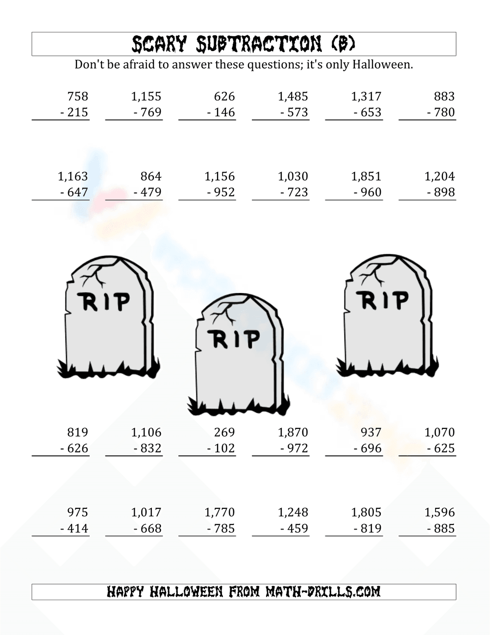 Spooky Math: Scary Subtraction Worksheet - Page 1
