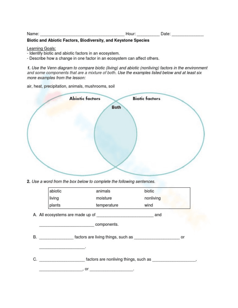 Biotic and Abiotic Factors: Biodiversity Worksheet - Page 1