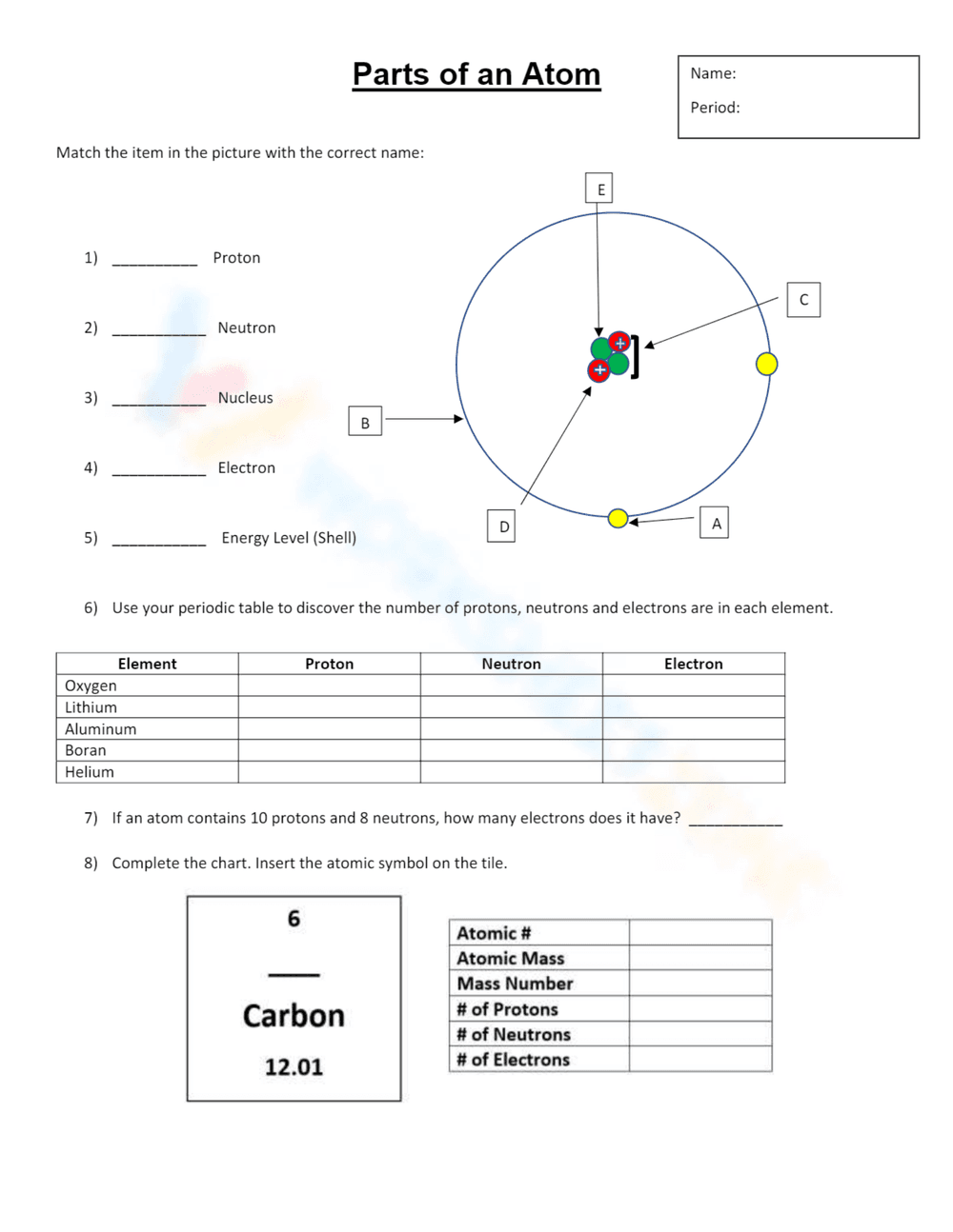 Atom Parts Worksheet - Page 1