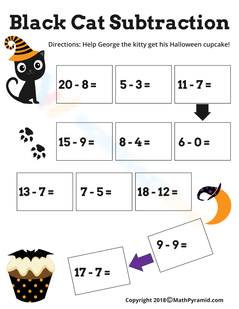 Black Cat Subtraction Worksheet - Page 1