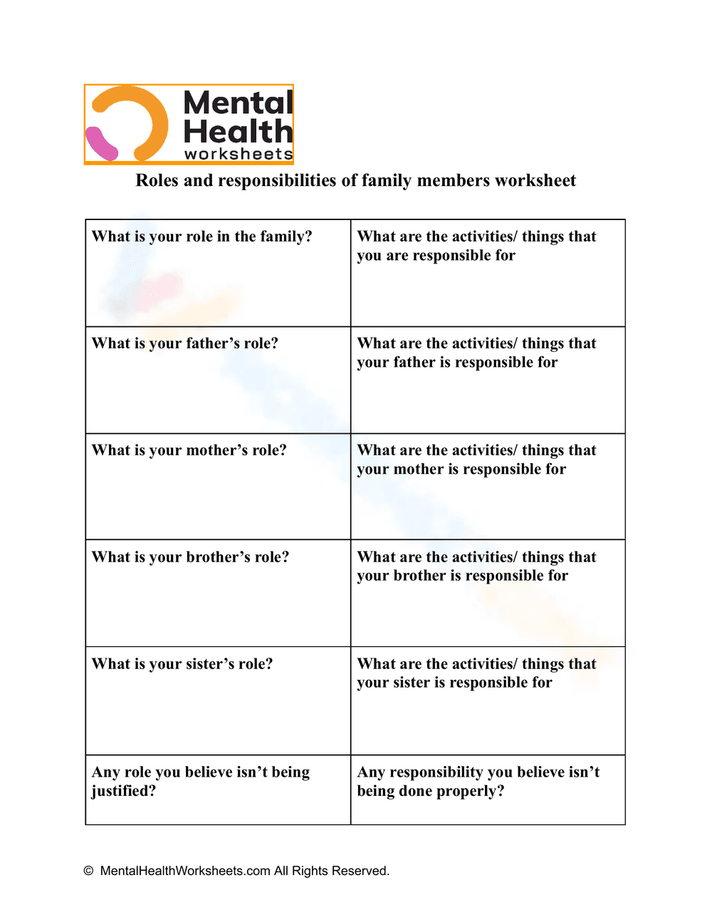 Family Member Responsibilities Worksheet - Page 1
