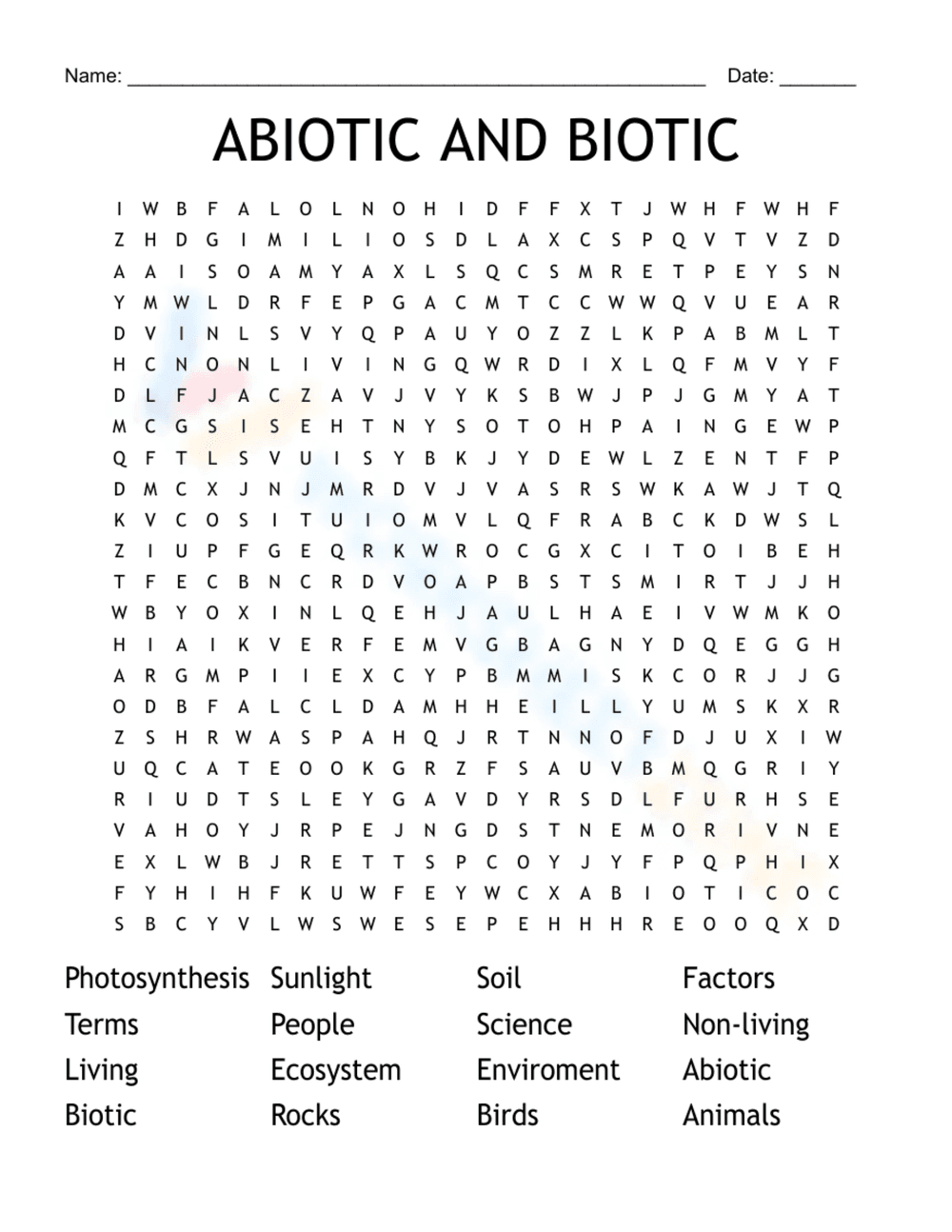 Abiotic & Biotic Factors Word Search - Science Vocabulary Fun! - Page 1