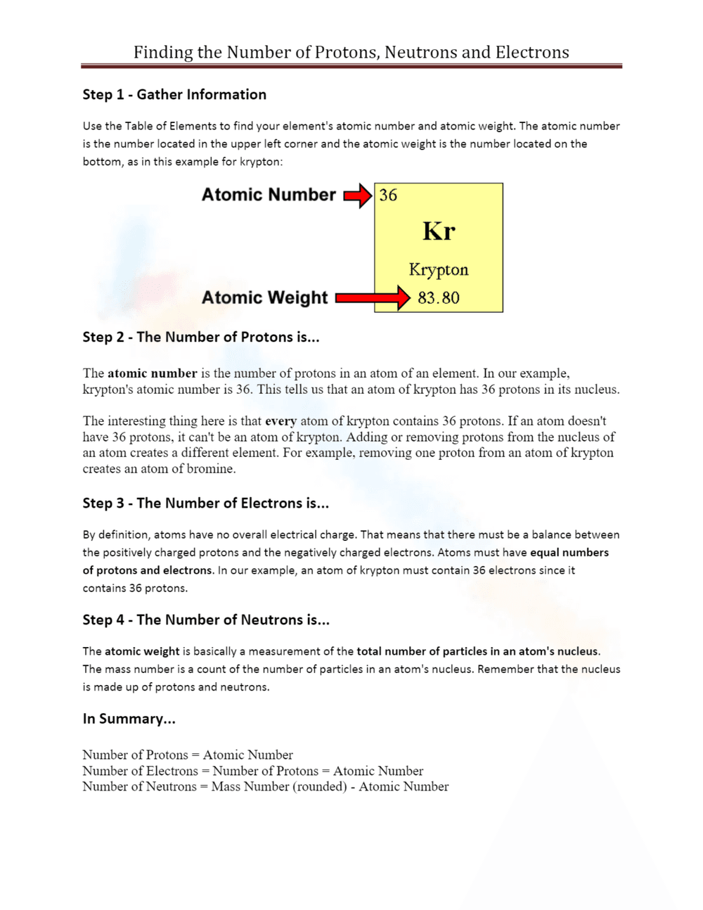 Protons, Neutrons, and Electrons Worksheet - Page 1