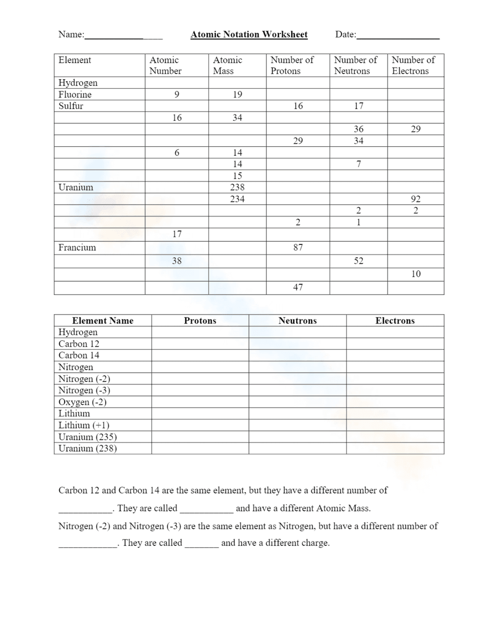 Protons, Neutrons, and Electrons Worksheet - Page 2