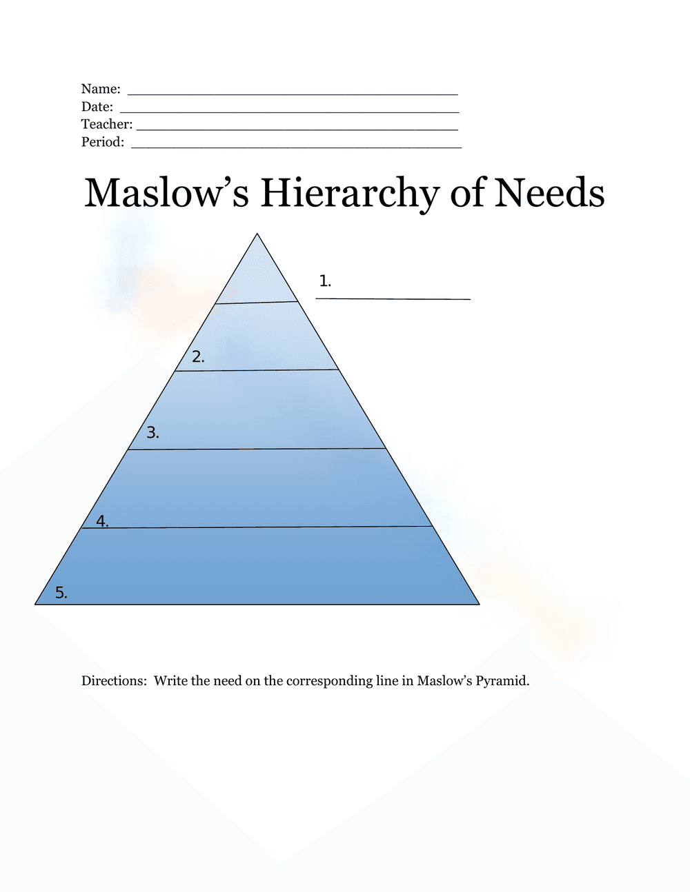 Maslow's Hierarchy of Needs Worksheet - Page 1