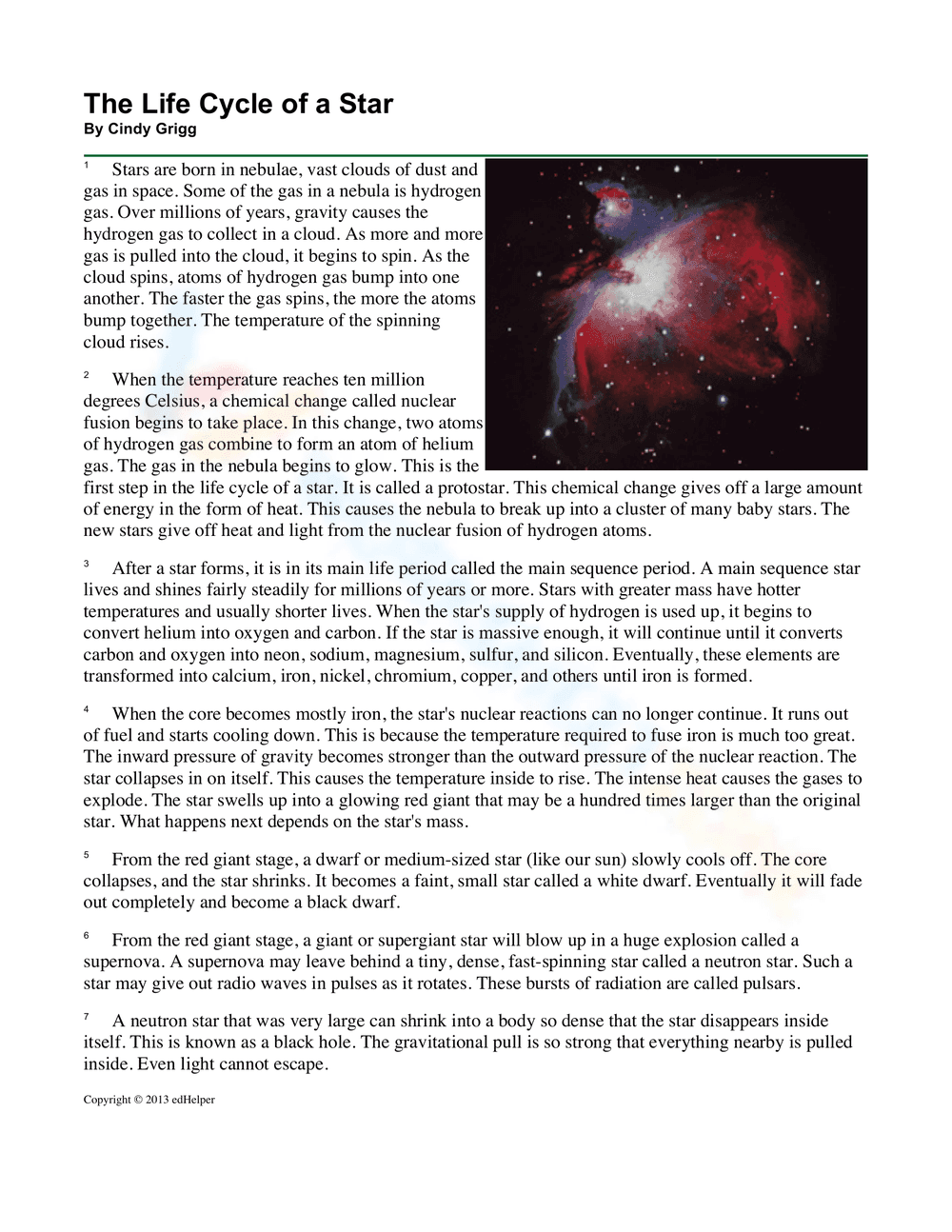 Explore the Life Cycle of a Star Worksheet - Page 1