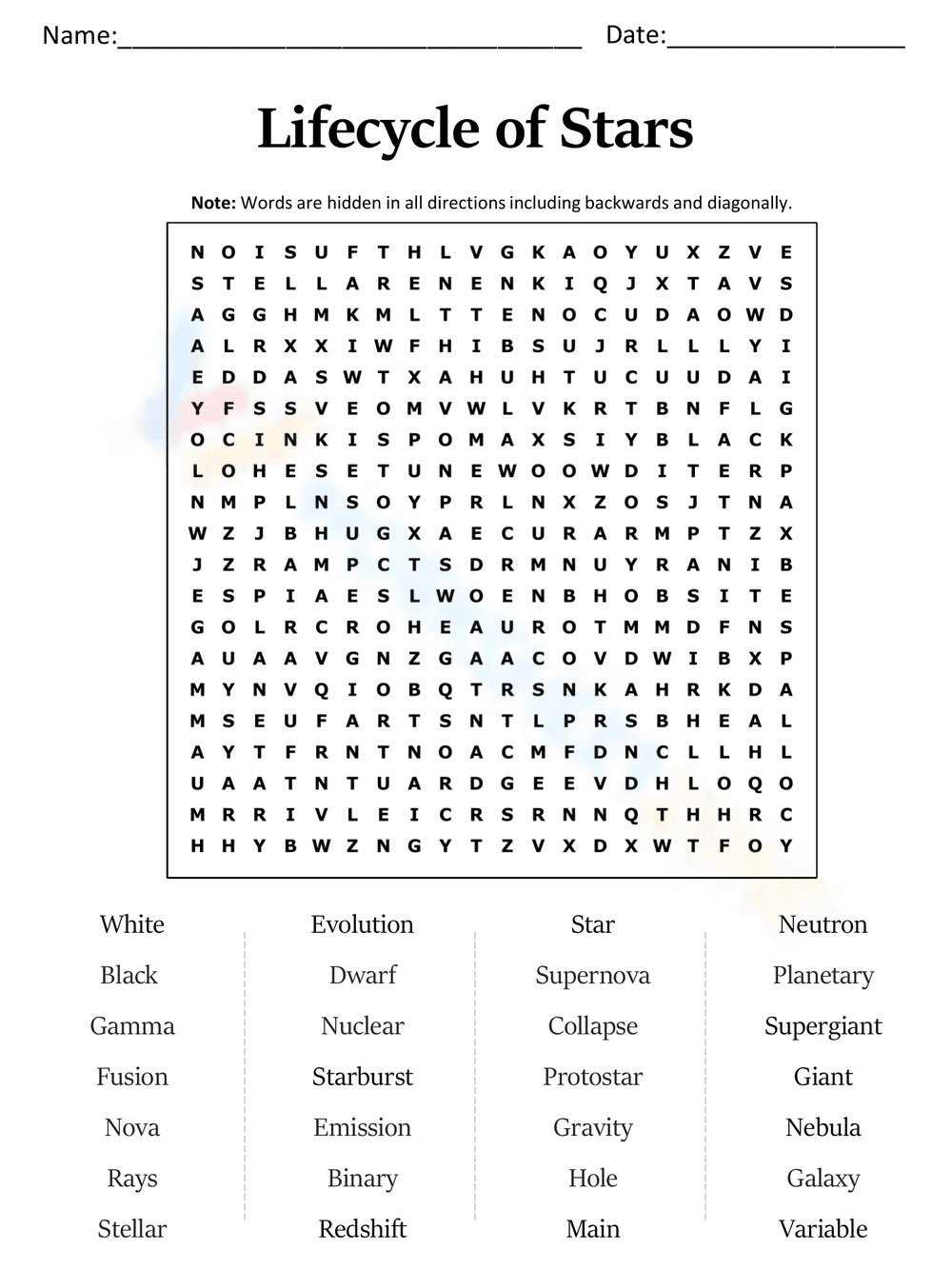 Lifecycle of Stars Word Search - Page 1