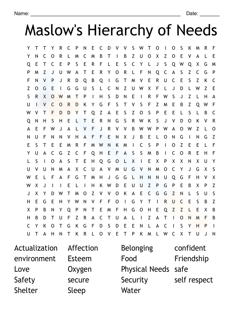 Maslow's Hierarchy of Needs Word Search - Page 1