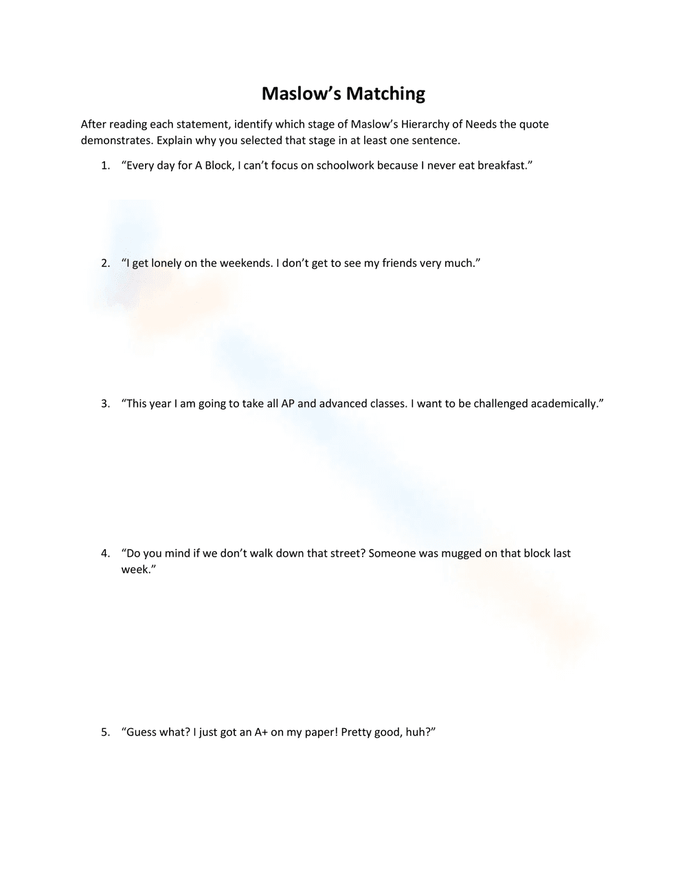 Matching Activity: Understanding Maslow's Hierarchy of Needs - Page 1