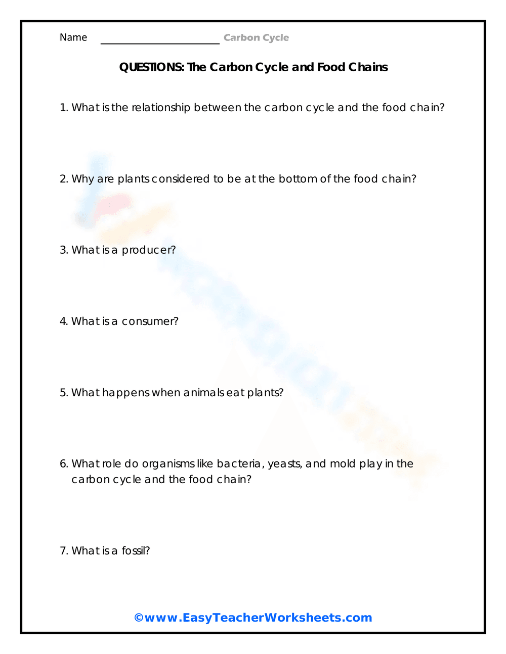 Carbon Cycle and Food Chains Worksheet - Page 2