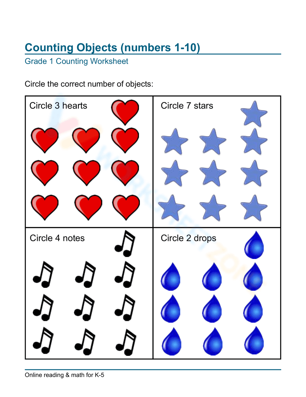 Counting Objects: Numbers 1-10 Worksheet - Page 1